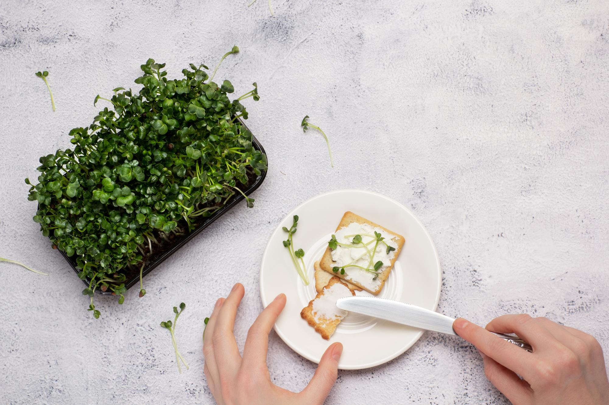 Hands arranging garnish