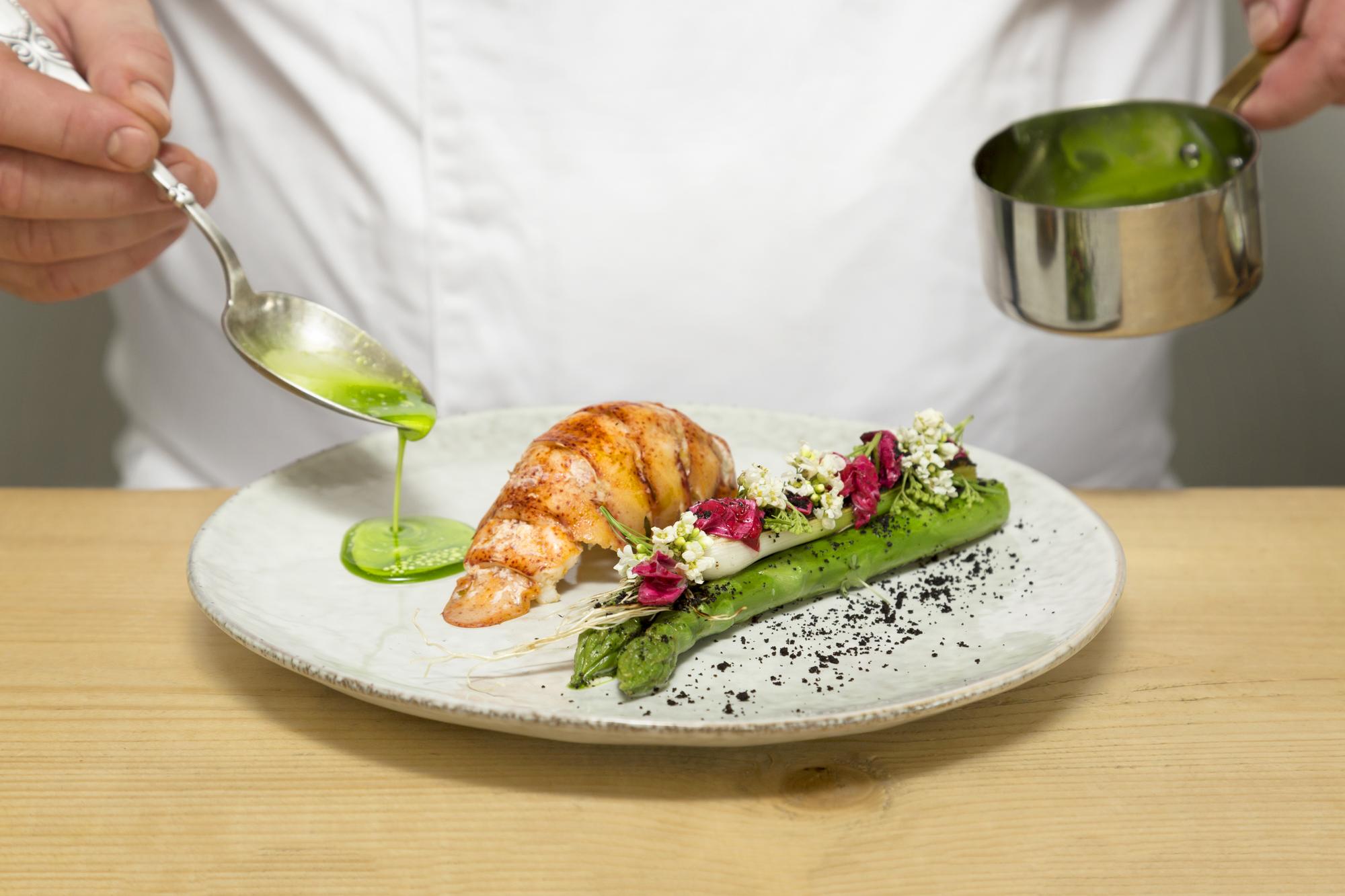 Chef preparing plated gourmet dish with herbs